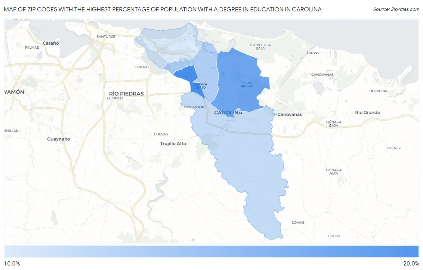 Zip Codes with the Highest Percentage of Population with a Degree in Education in Carolina Map