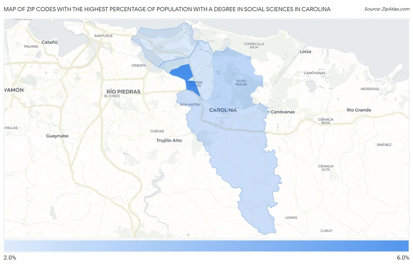 Zip Codes with the Highest Percentage of Population with a Degree in Social Sciences in Carolina Map