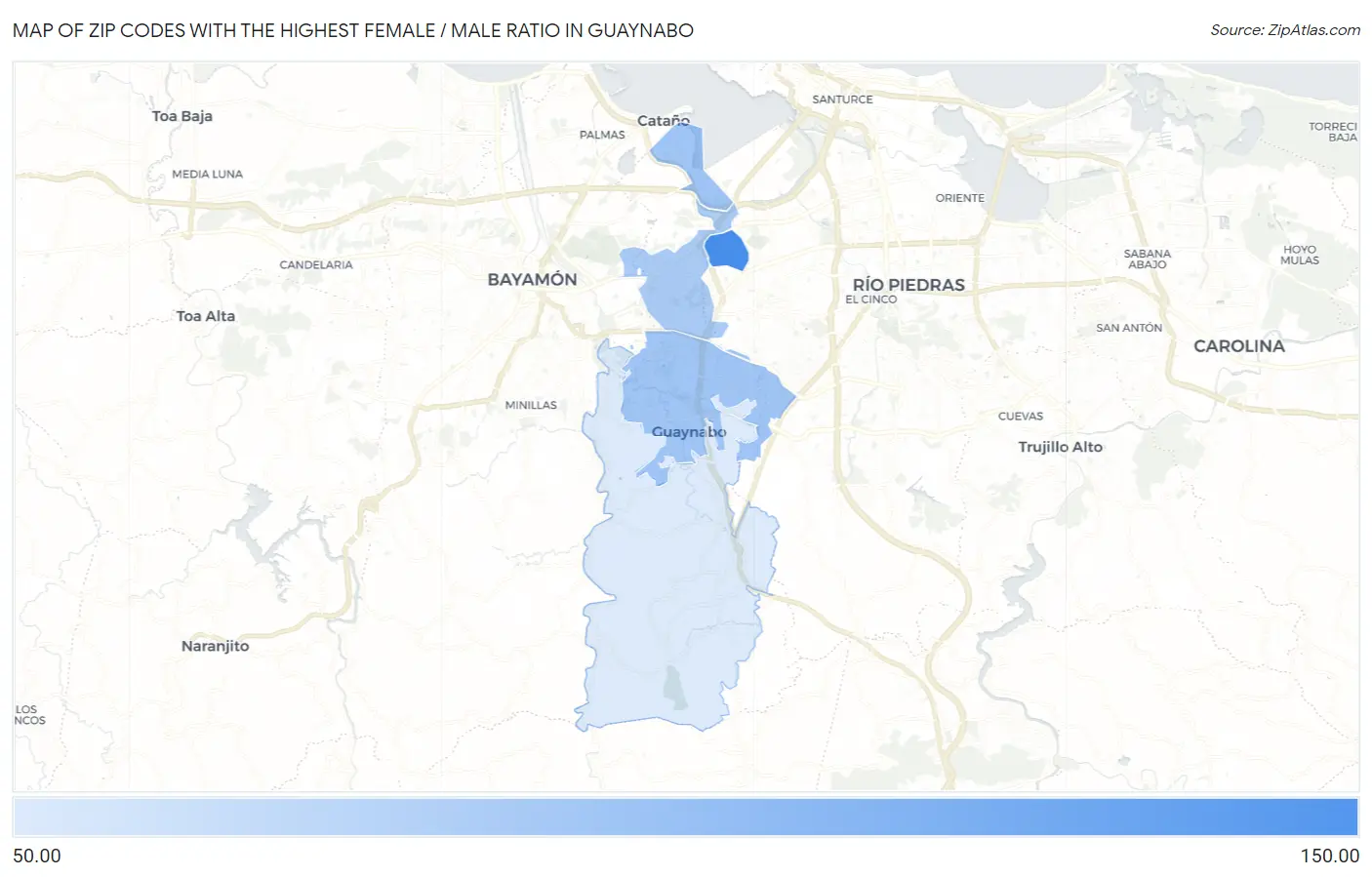Zip Codes with the Highest Female / Male Ratio in Guaynabo Map