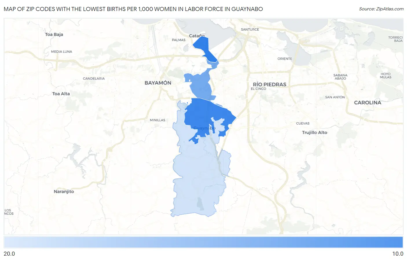 Zip Codes with the Lowest Births per 1,000 Women in Labor Force in Guaynabo Map