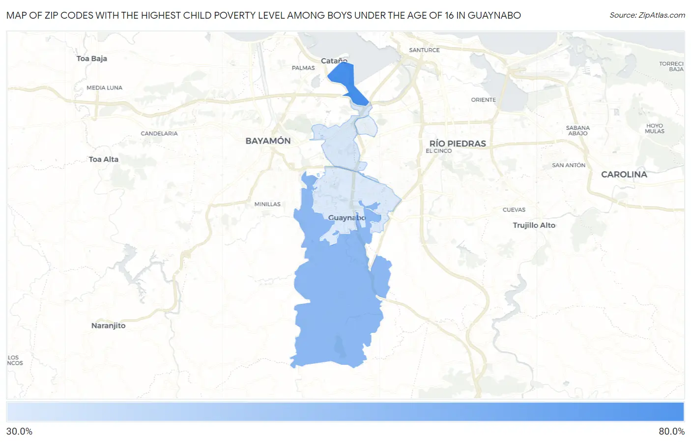 Zip Codes with the Highest Child Poverty Level Among Boys Under the Age of 16 in Guaynabo Map
