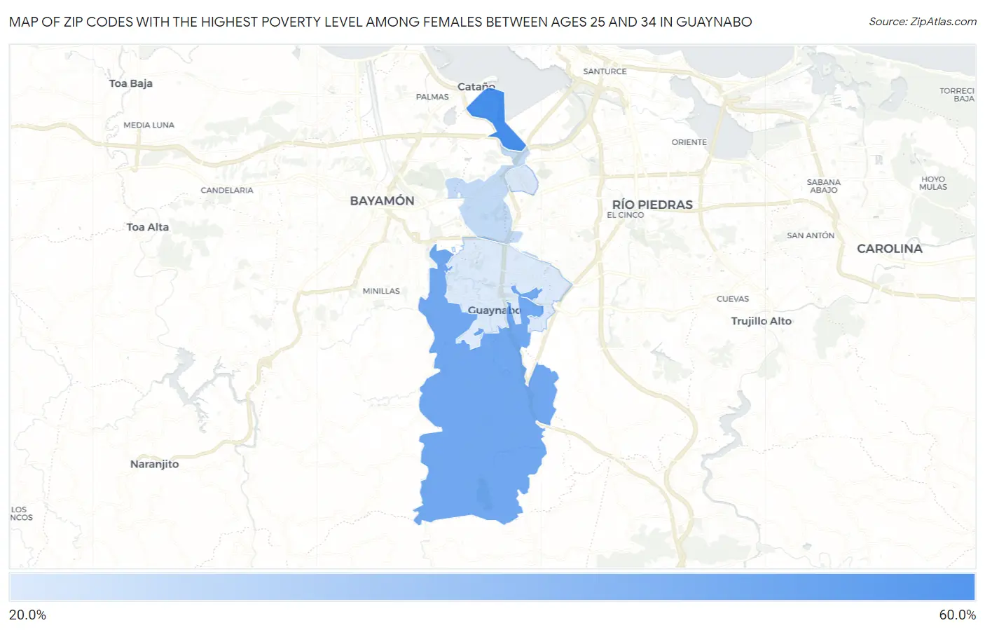 Zip Codes with the Highest Poverty Level Among Females Between Ages 25 and 34 in Guaynabo Map