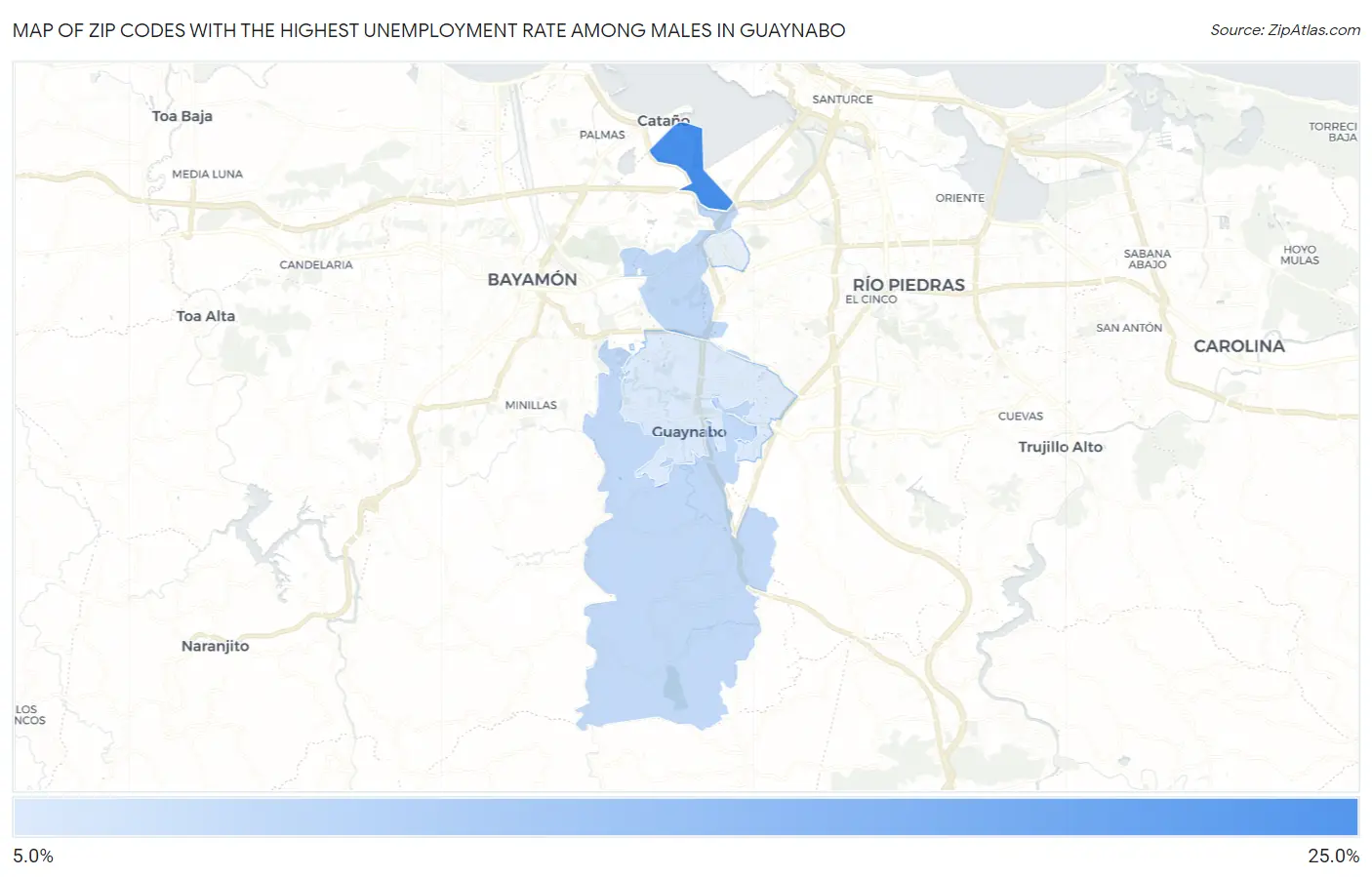 Zip Codes with the Highest Unemployment Rate Among Males in Guaynabo Map