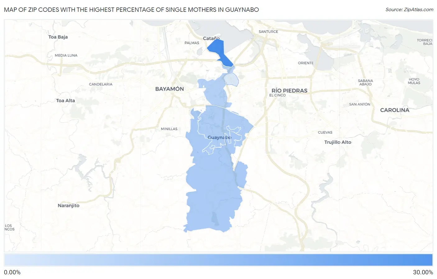 Zip Codes with the Highest Percentage of Single Mothers in Guaynabo Map