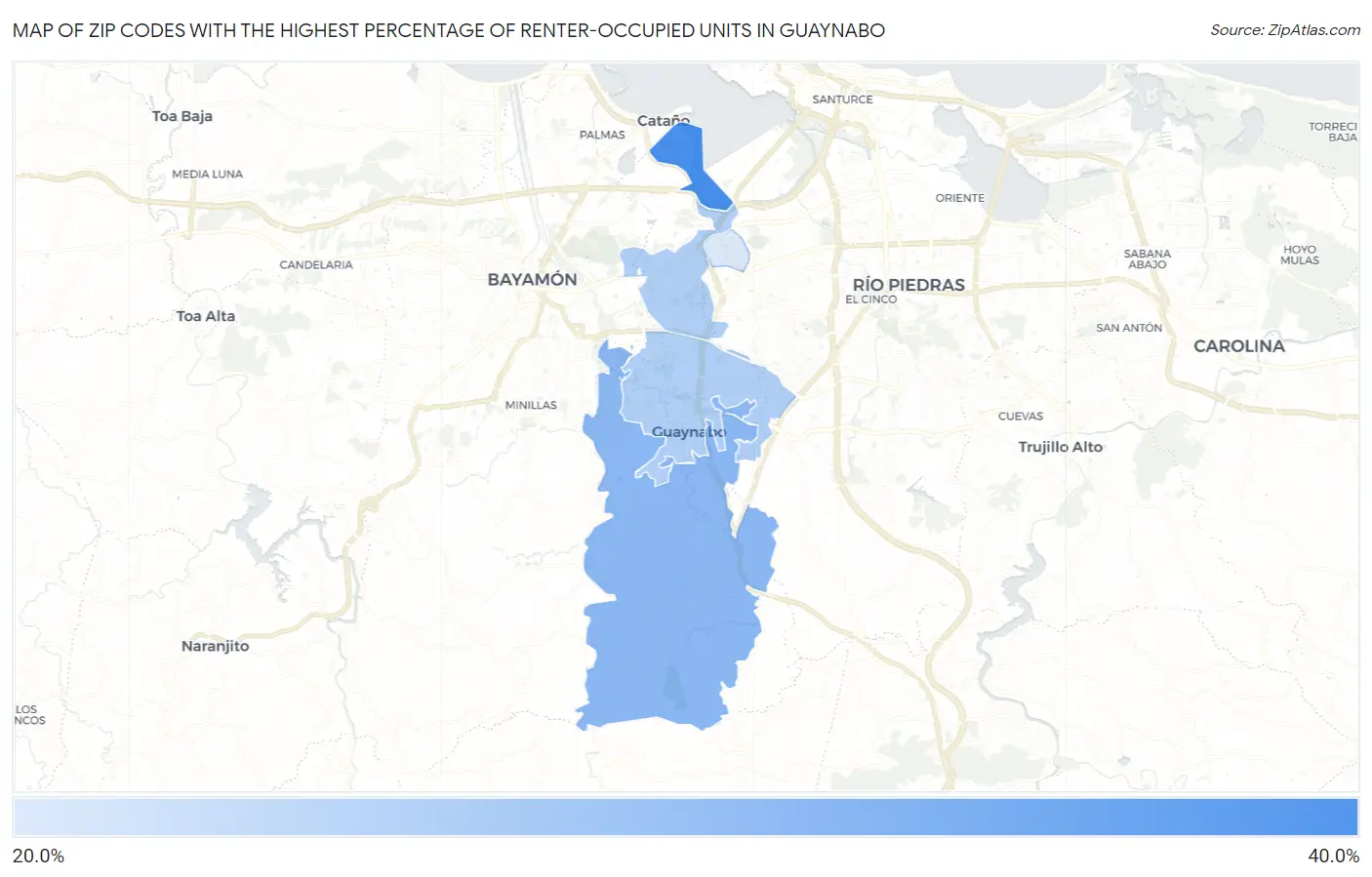 Zip Codes with the Highest Percentage of Renter-Occupied Units in Guaynabo Map