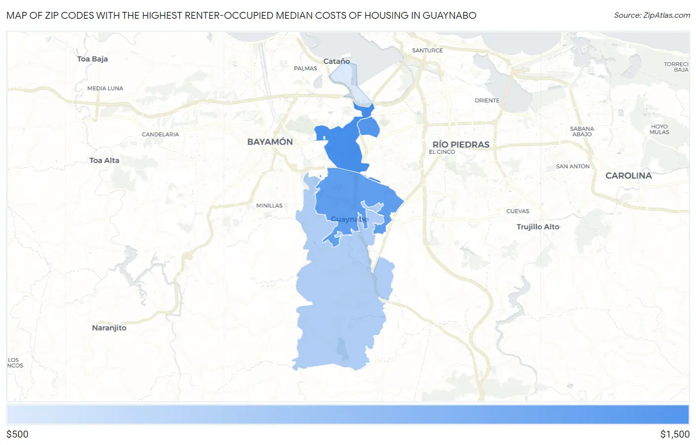 Zip Codes with the Highest Renter-Occupied Median Costs of Housing in Guaynabo Map