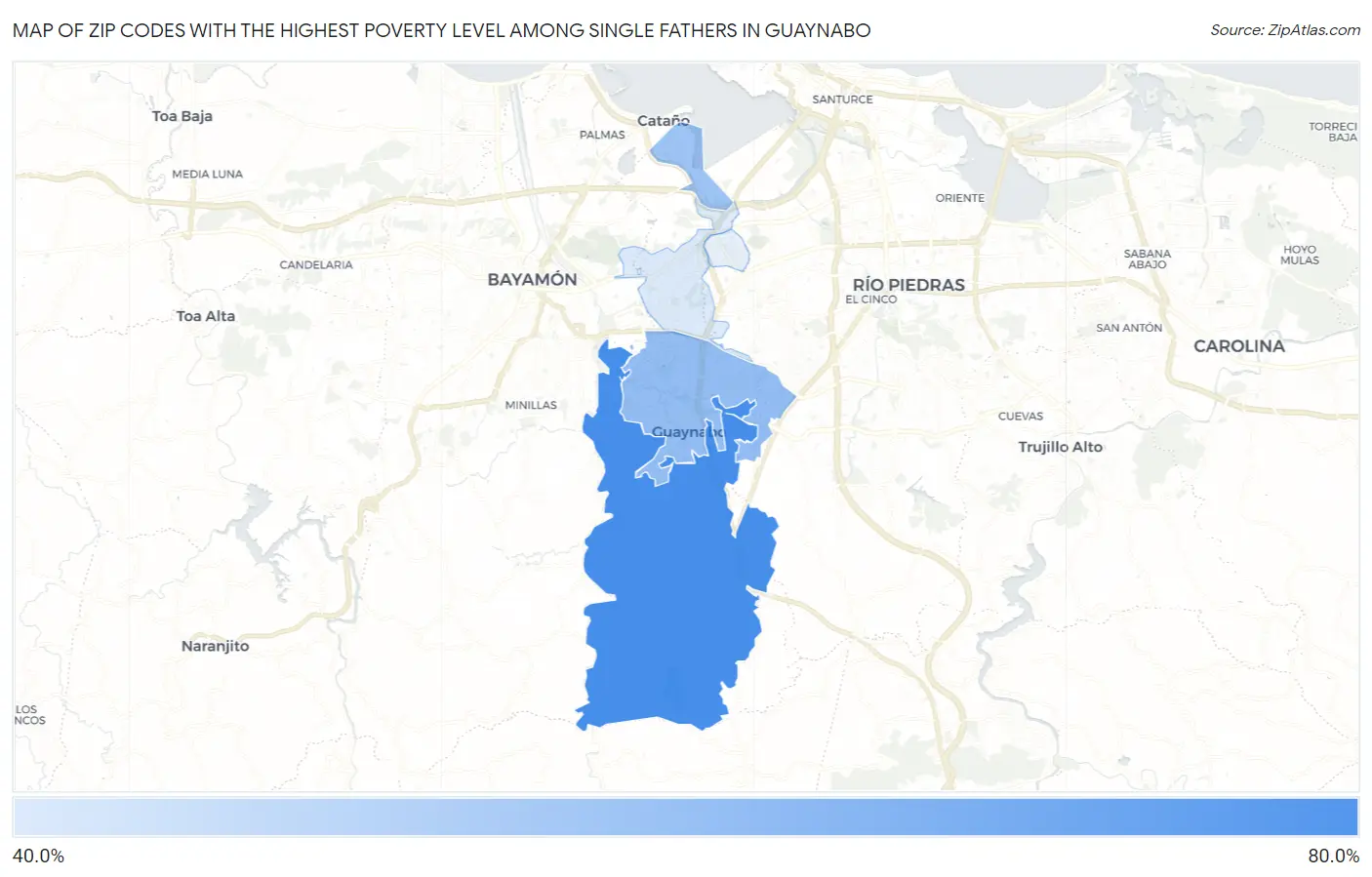 Zip Codes with the Highest Poverty Level Among Single Fathers in Guaynabo Map