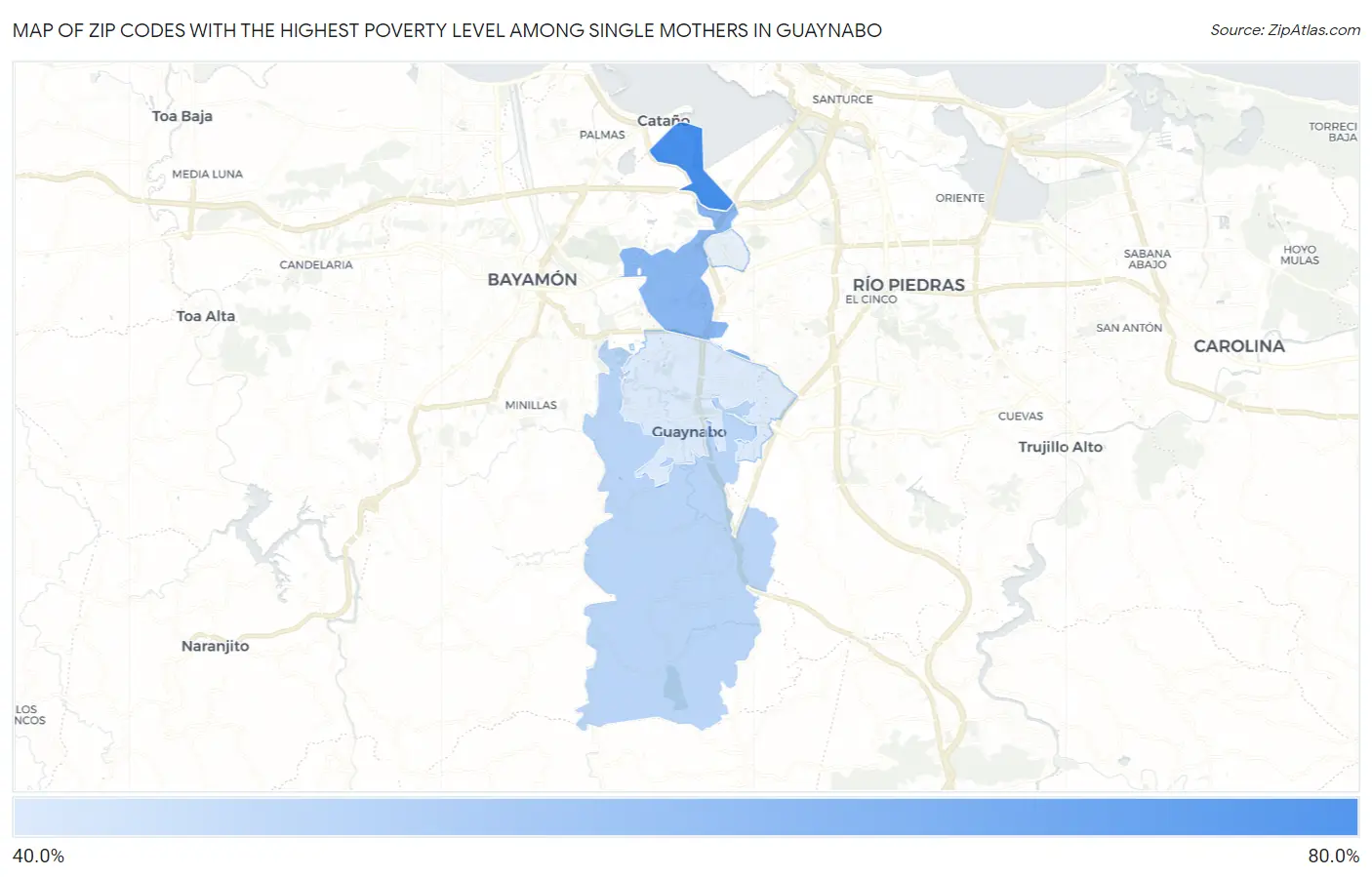 Zip Codes with the Highest Poverty Level Among Single Mothers in Guaynabo Map
