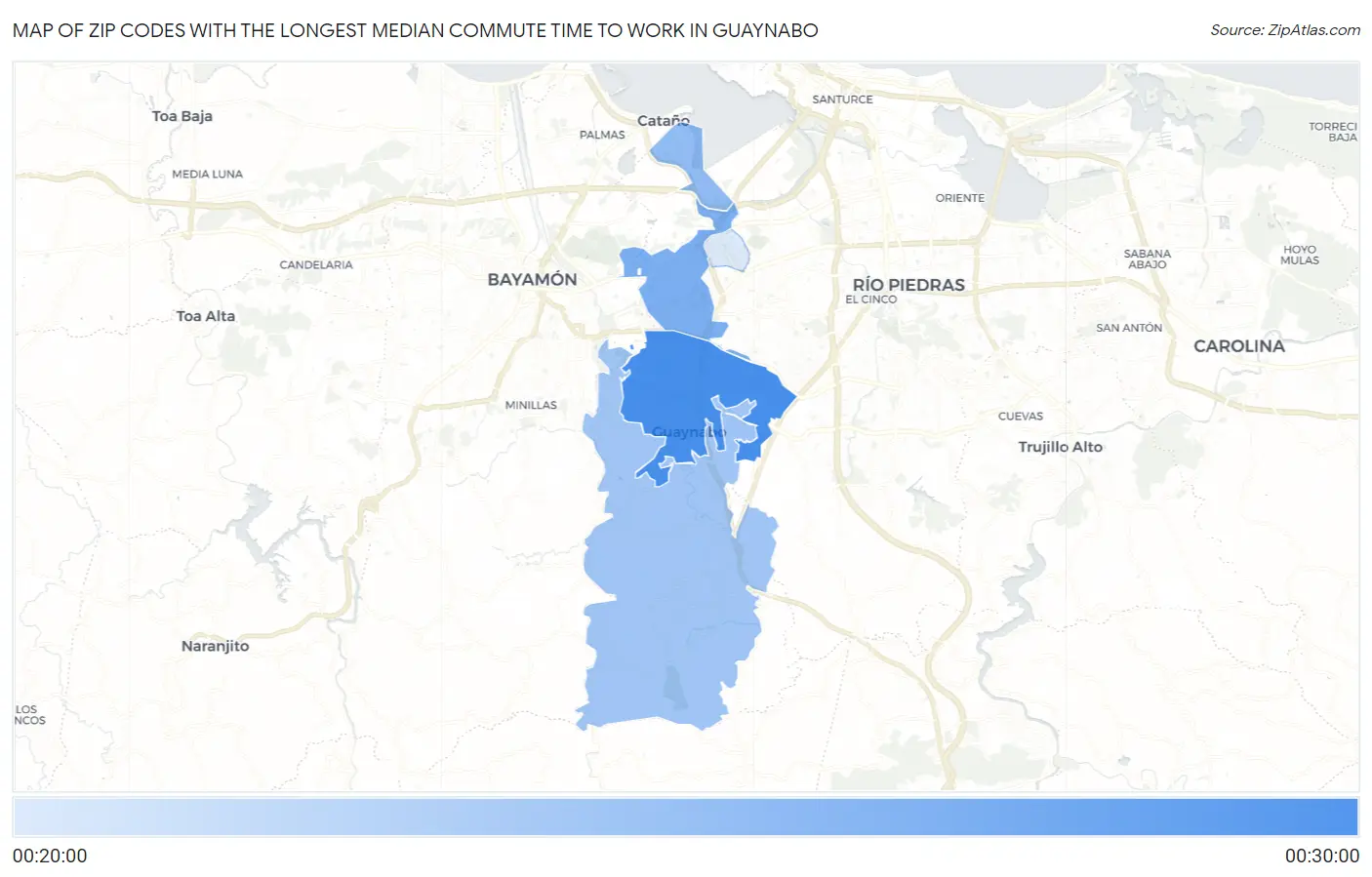 Zip Codes with the Longest Median Commute Time to Work in Guaynabo Map