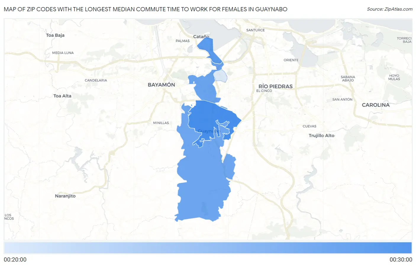 Zip Codes with the Longest Median Commute Time to Work for Females in Guaynabo Map