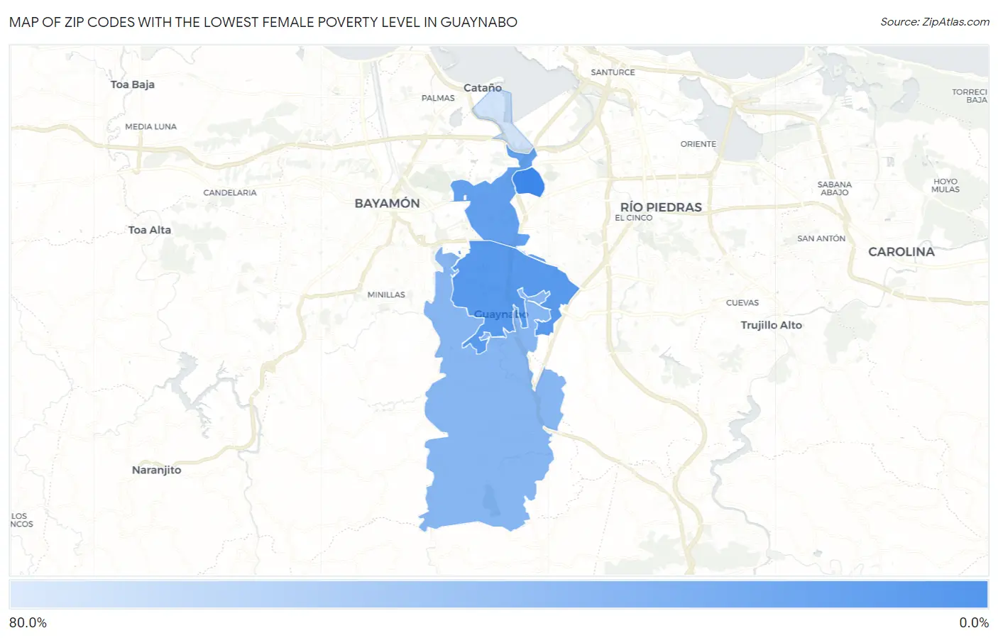 Zip Codes with the Lowest Female Poverty Level in Guaynabo Map
