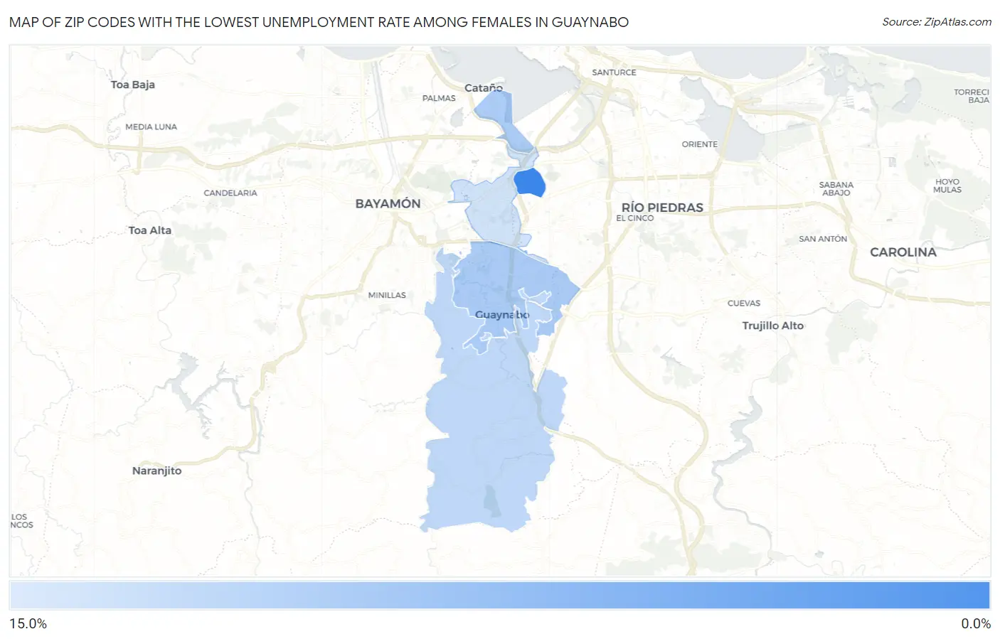Zip Codes with the Lowest Unemployment Rate Among Females in Guaynabo Map