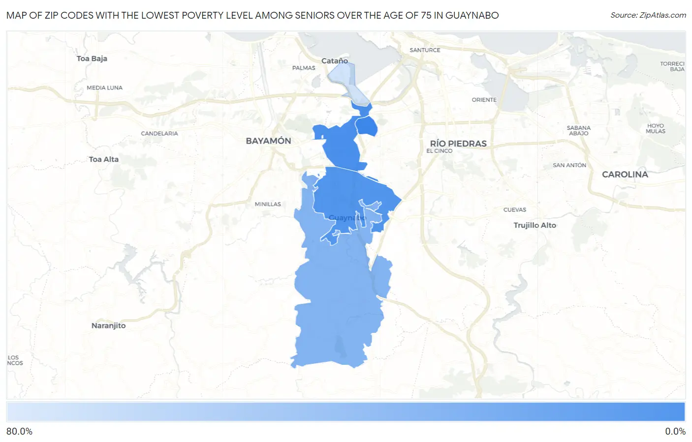 Zip Codes with the Lowest Poverty Level Among Seniors Over the Age of 75 in Guaynabo Map