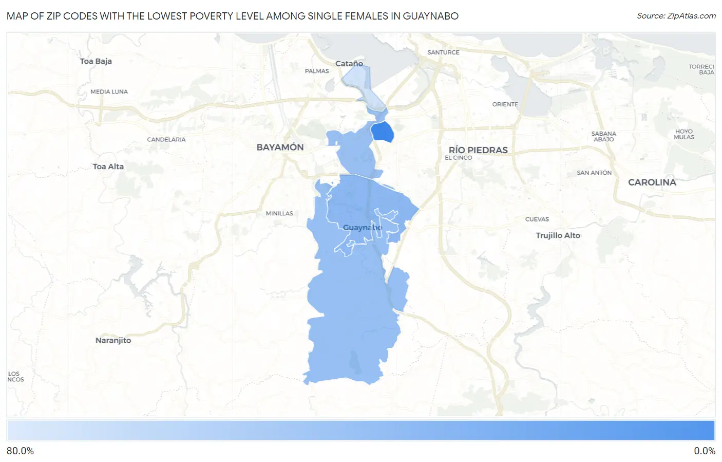 Zip Codes with the Lowest Poverty Level Among Single Females in Guaynabo Map