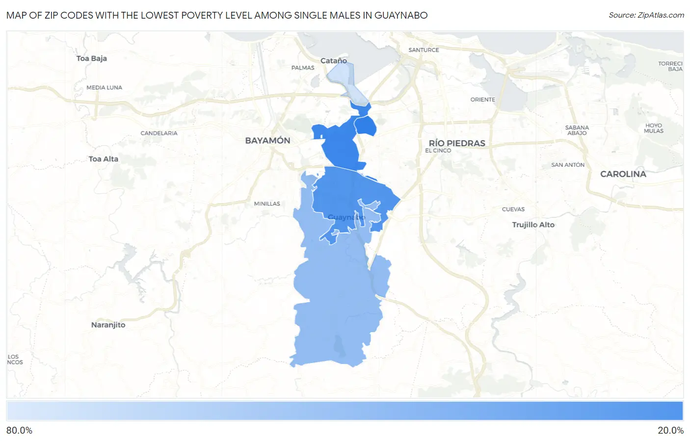 Zip Codes with the Lowest Poverty Level Among Single Males in Guaynabo Map