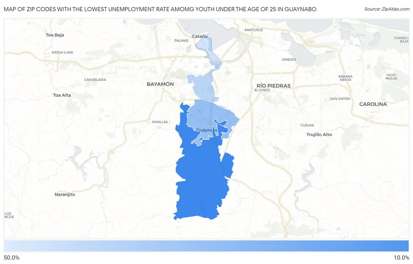 Zip Codes with the Lowest Unemployment Rate Amomg Youth Under the Age of 25 in Guaynabo Map
