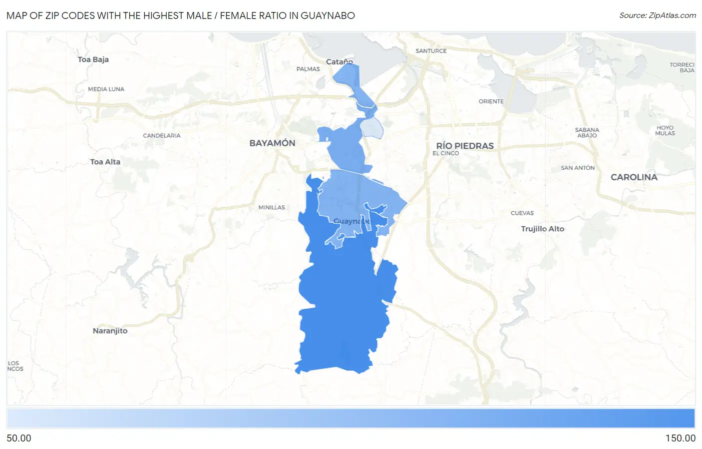 Zip Codes with the Highest Male / Female Ratio in Guaynabo Map