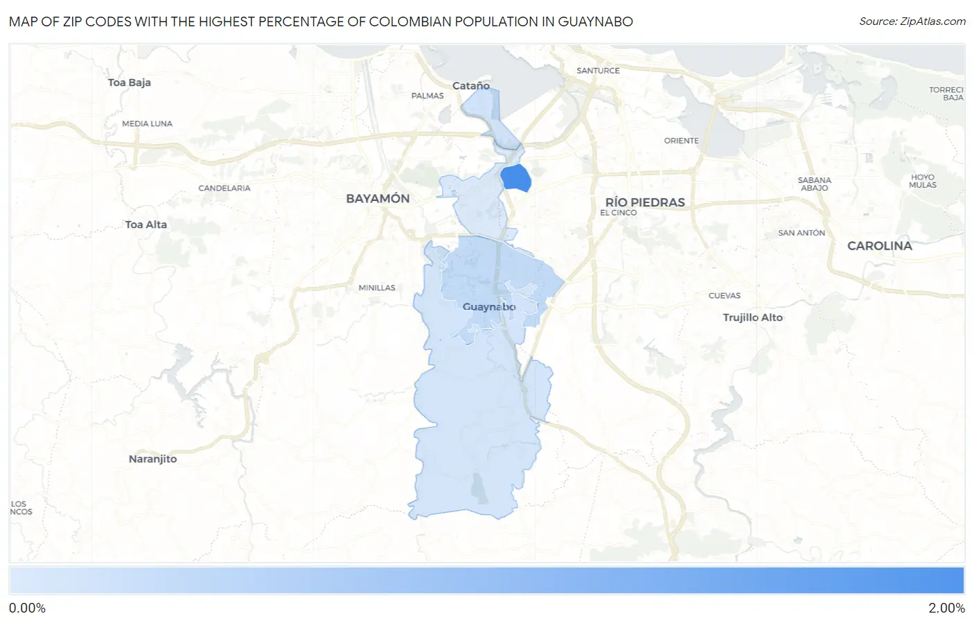 Zip Codes with the Highest Percentage of Colombian Population in Guaynabo Map