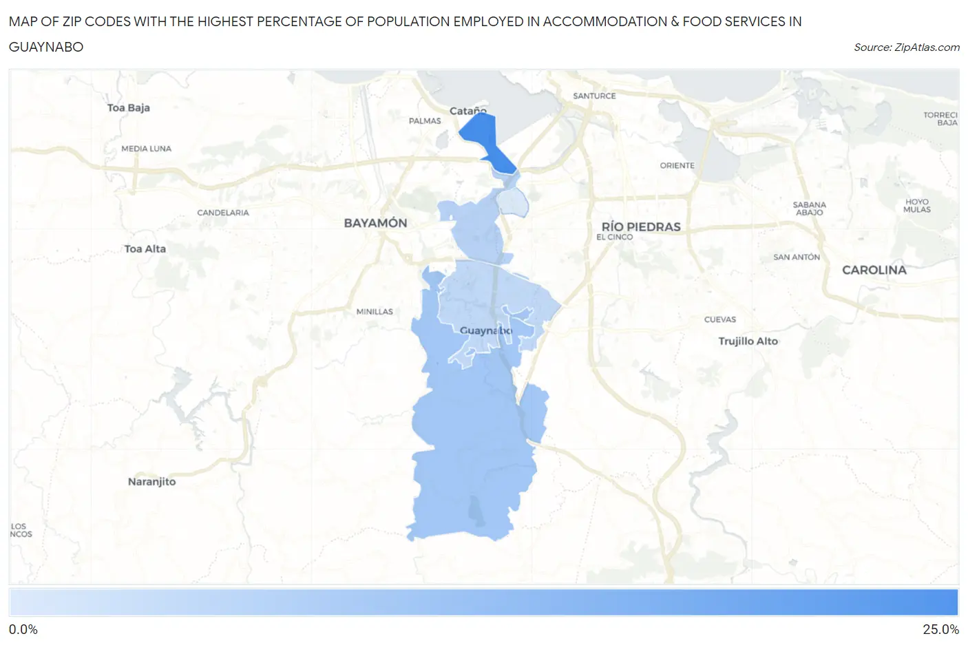 Zip Codes with the Highest Percentage of Population Employed in Accommodation & Food Services in Guaynabo Map