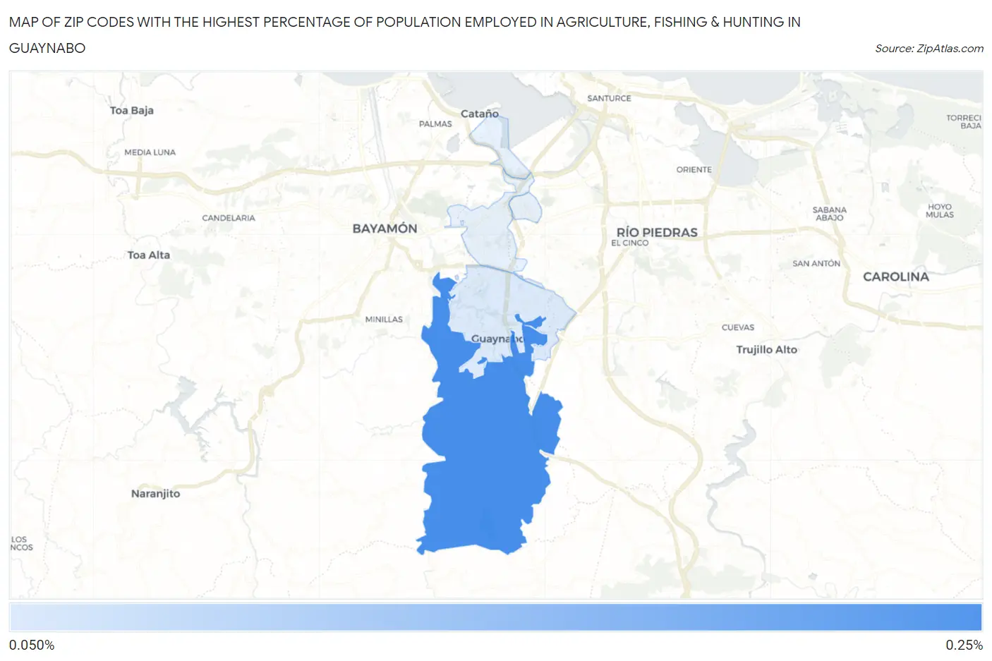 Zip Codes with the Highest Percentage of Population Employed in Agriculture, Fishing & Hunting in Guaynabo Map