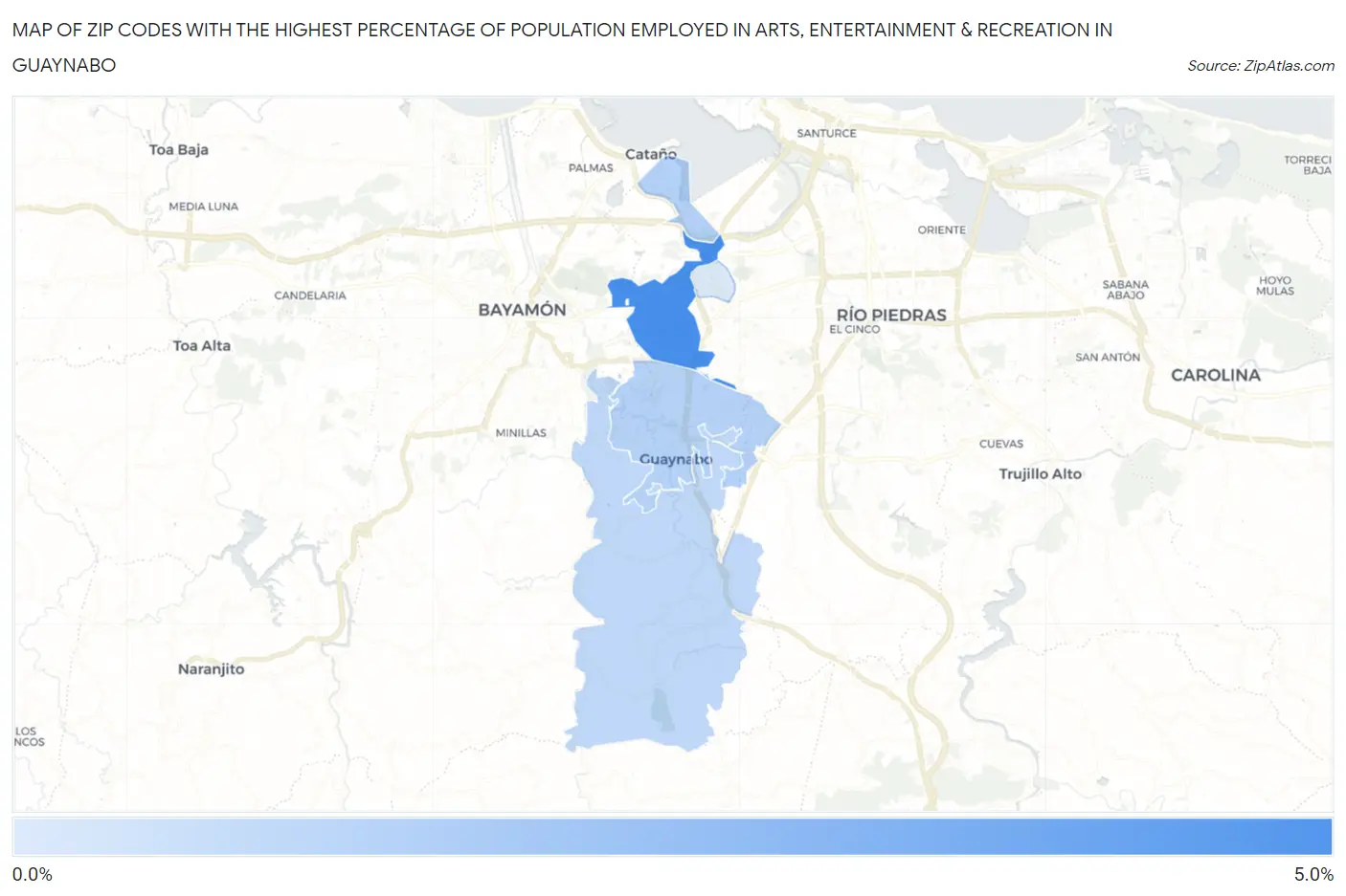 Zip Codes with the Highest Percentage of Population Employed in Arts, Entertainment & Recreation in Guaynabo Map