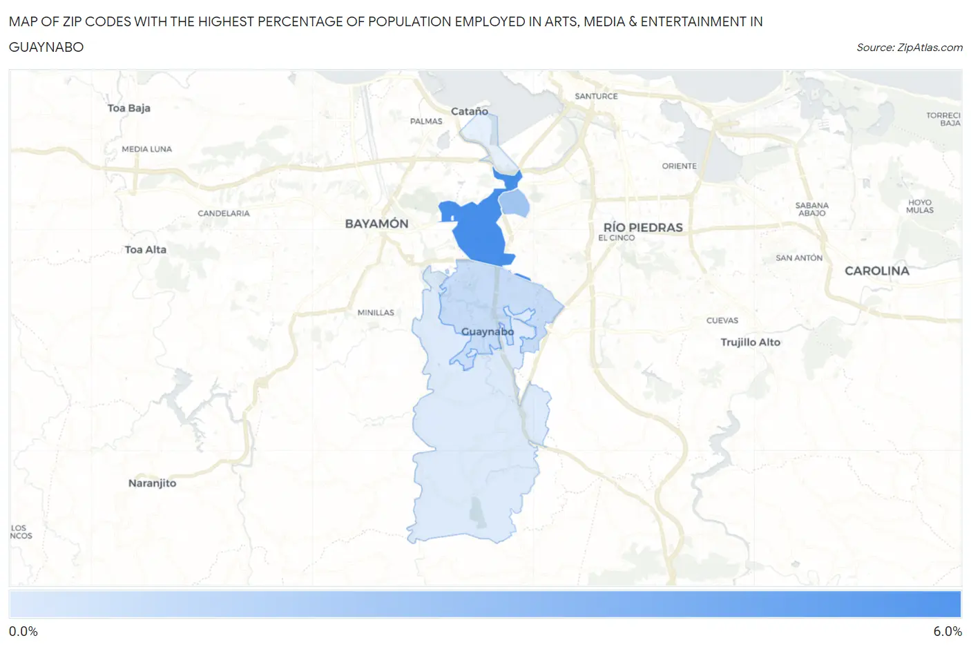Zip Codes with the Highest Percentage of Population Employed in Arts, Media & Entertainment in Guaynabo Map