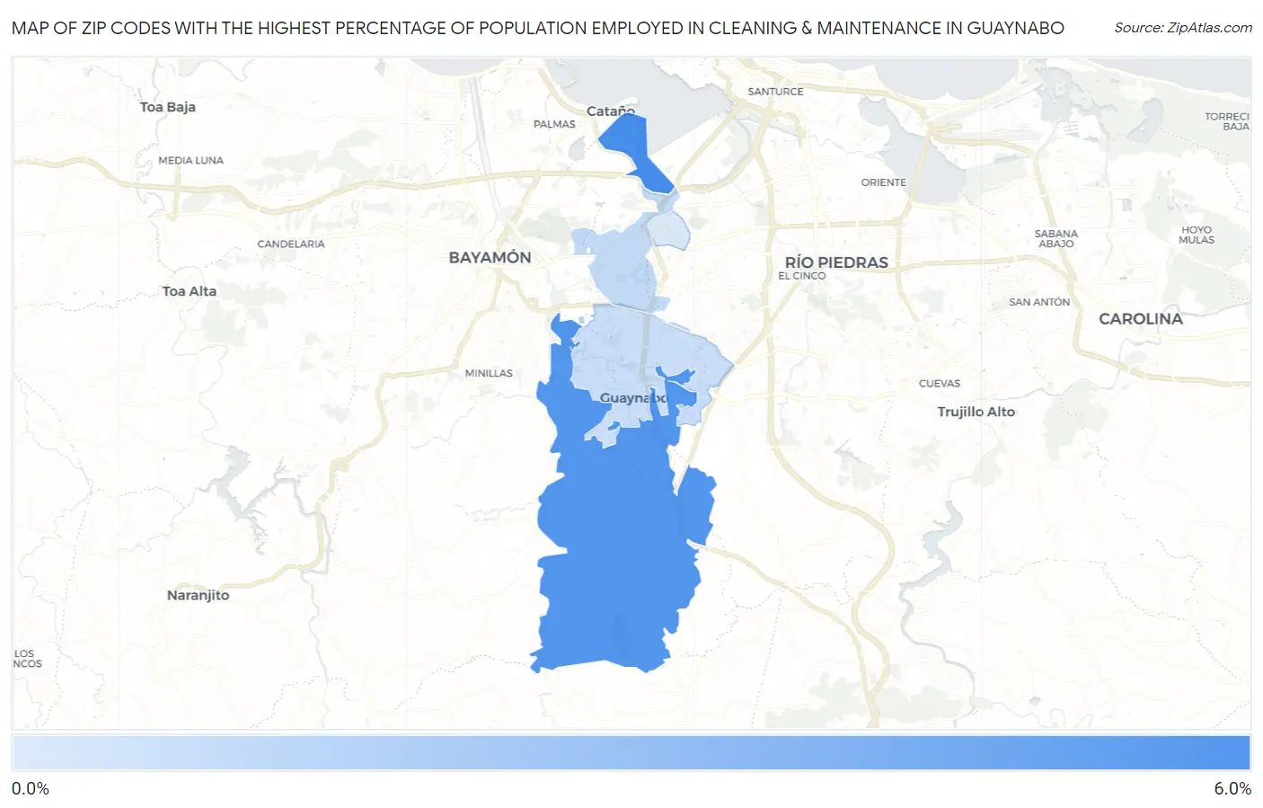Zip Codes with the Highest Percentage of Population Employed in Cleaning & Maintenance in Guaynabo Map