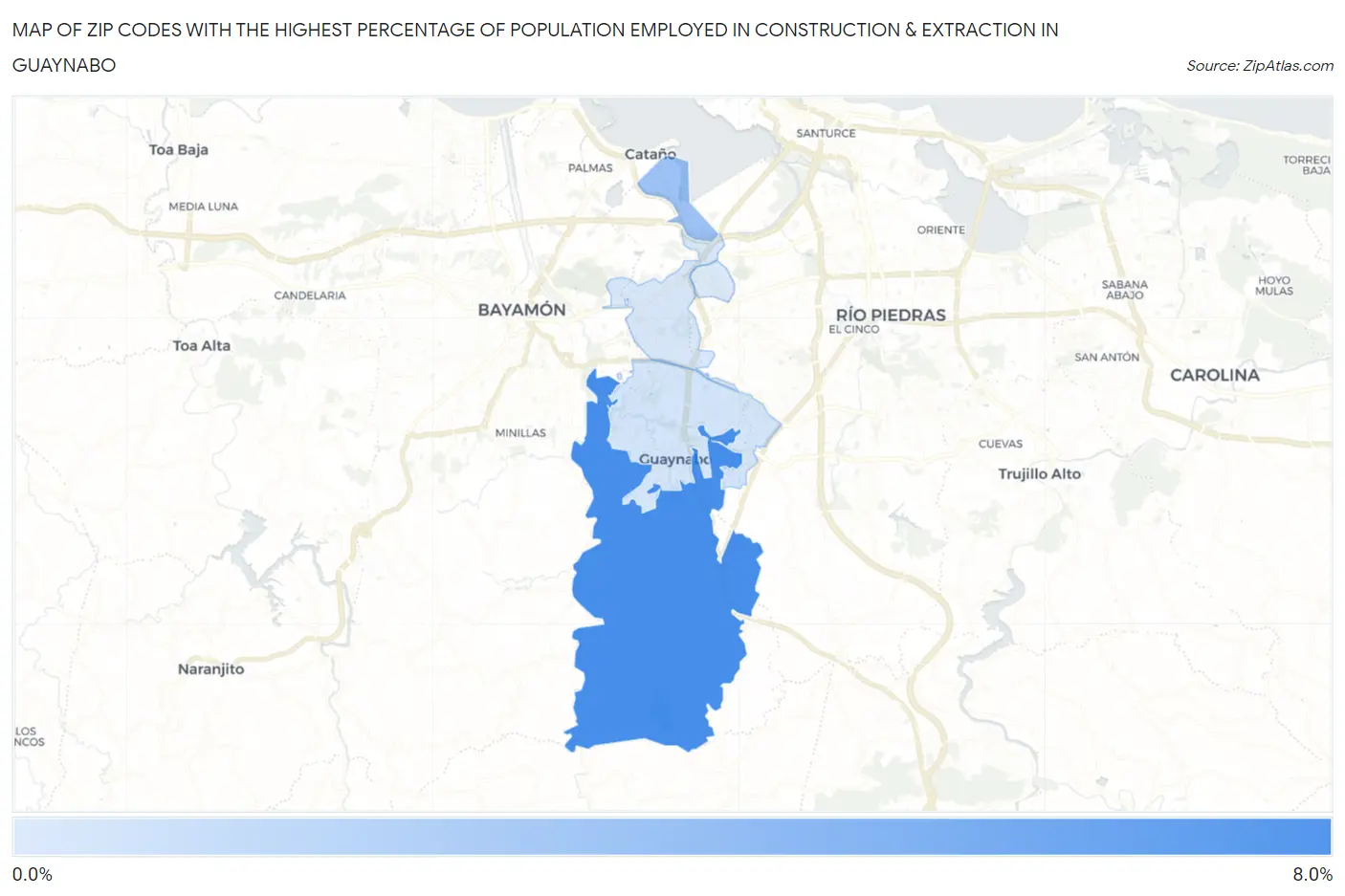 Zip Codes with the Highest Percentage of Population Employed in Construction & Extraction in Guaynabo Map