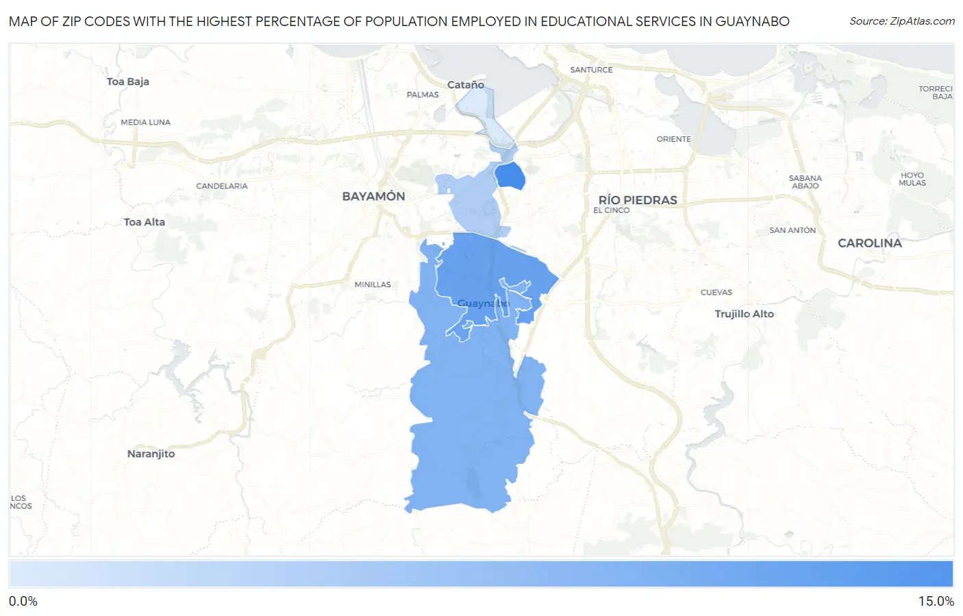 Zip Codes with the Highest Percentage of Population Employed in Educational Services in Guaynabo Map