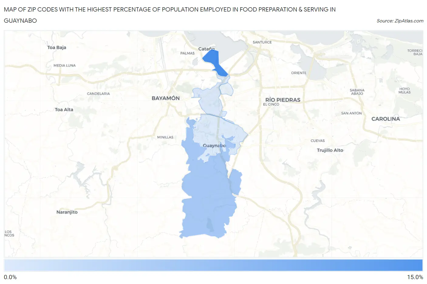 Zip Codes with the Highest Percentage of Population Employed in Food Preparation & Serving in Guaynabo Map