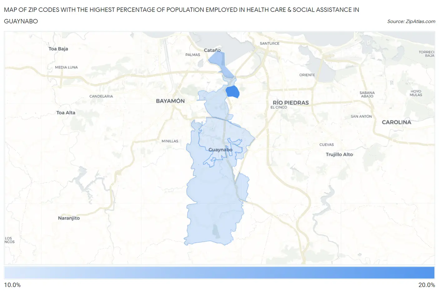 Zip Codes with the Highest Percentage of Population Employed in Health Care & Social Assistance in Guaynabo Map