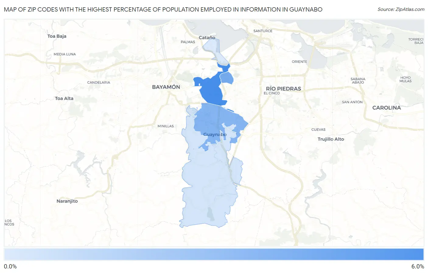 Zip Codes with the Highest Percentage of Population Employed in Information in Guaynabo Map