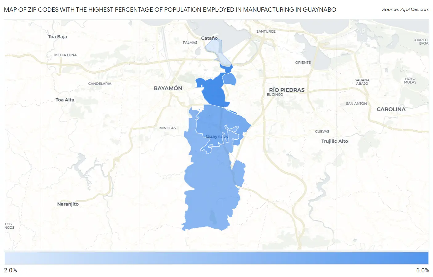 Zip Codes with the Highest Percentage of Population Employed in Manufacturing in Guaynabo Map
