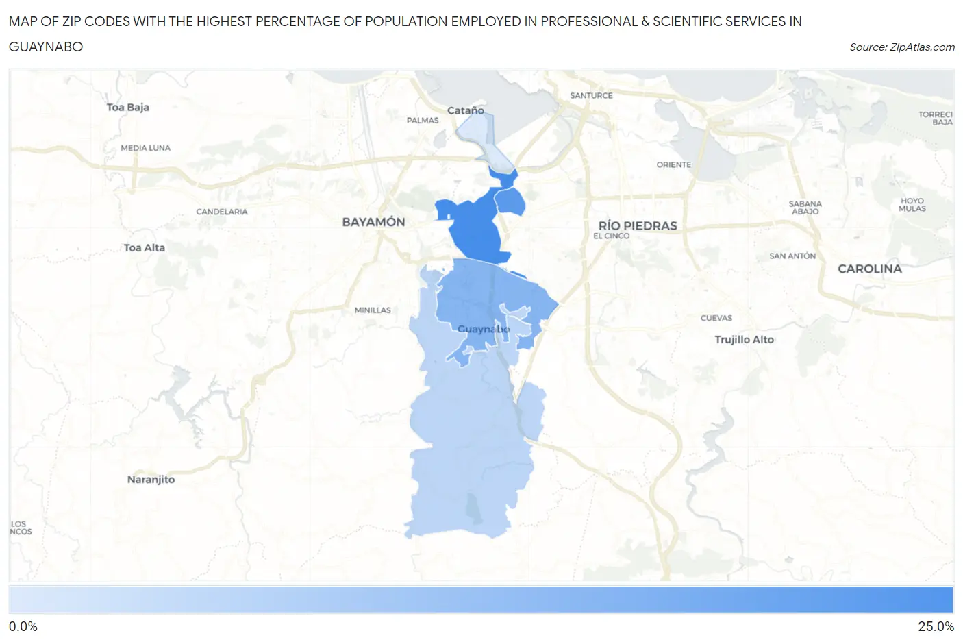 Zip Codes with the Highest Percentage of Population Employed in Professional & Scientific Services in Guaynabo Map