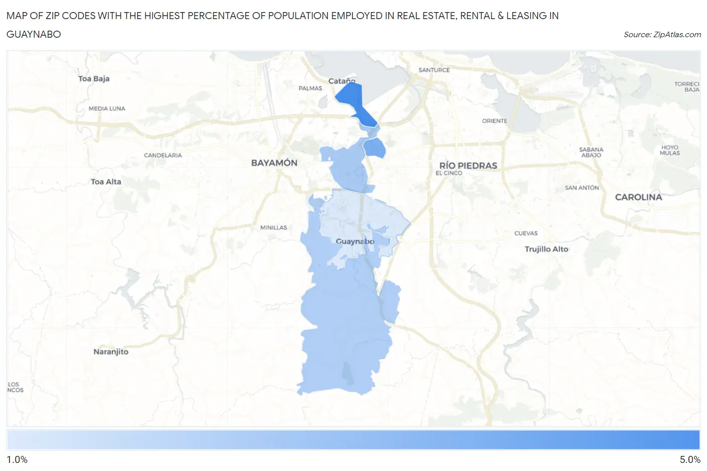 Zip Codes with the Highest Percentage of Population Employed in Real Estate, Rental & Leasing in Guaynabo Map