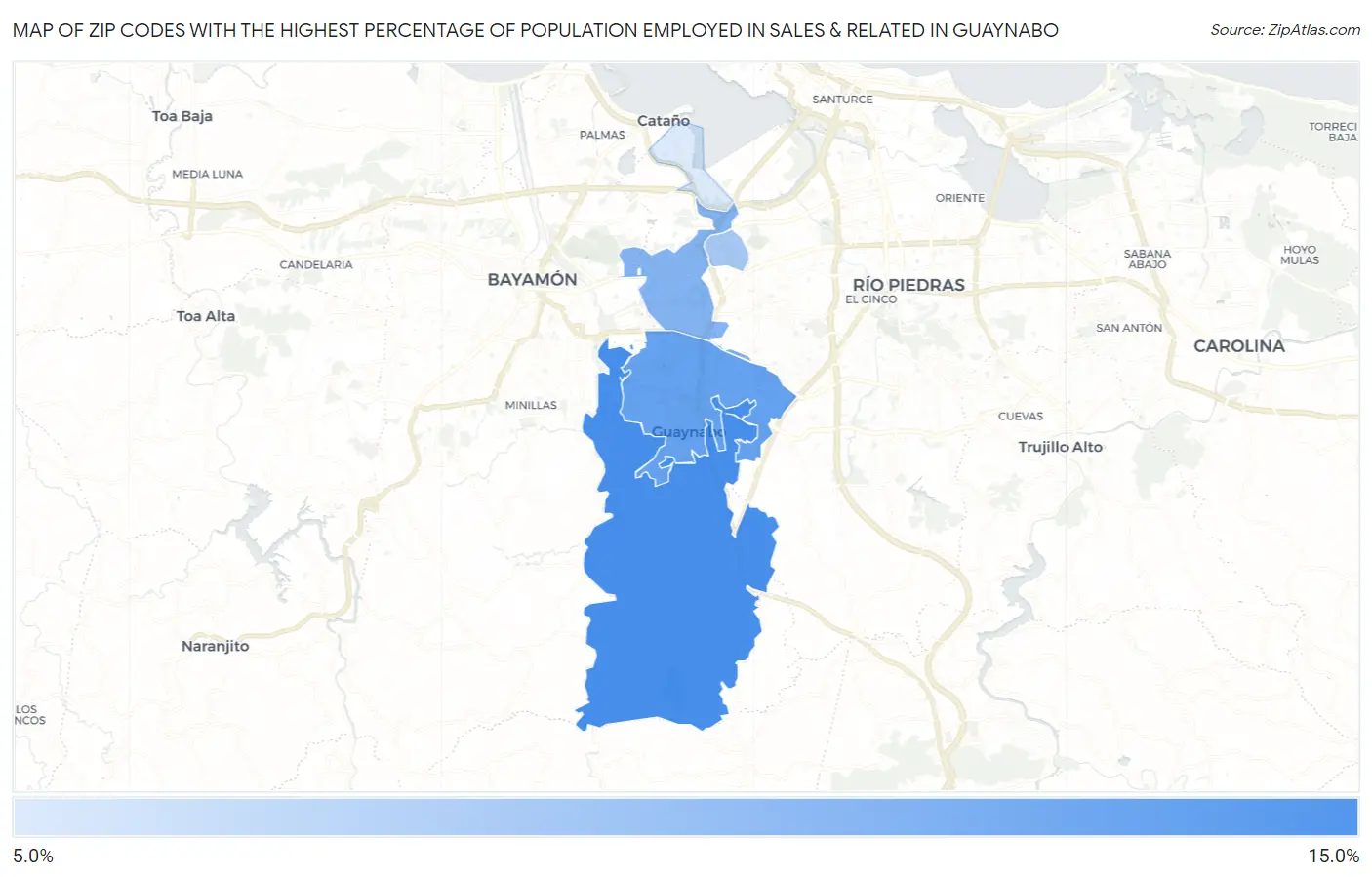 Zip Codes with the Highest Percentage of Population Employed in Sales & Related in Guaynabo Map