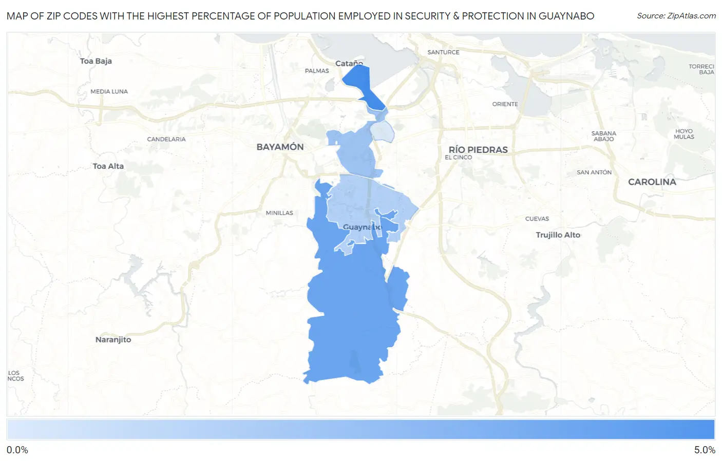 Zip Codes with the Highest Percentage of Population Employed in Security & Protection in Guaynabo Map