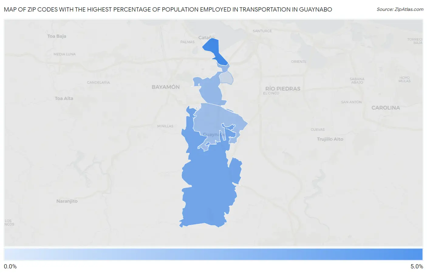 Zip Codes with the Highest Percentage of Population Employed in Transportation in Guaynabo Map