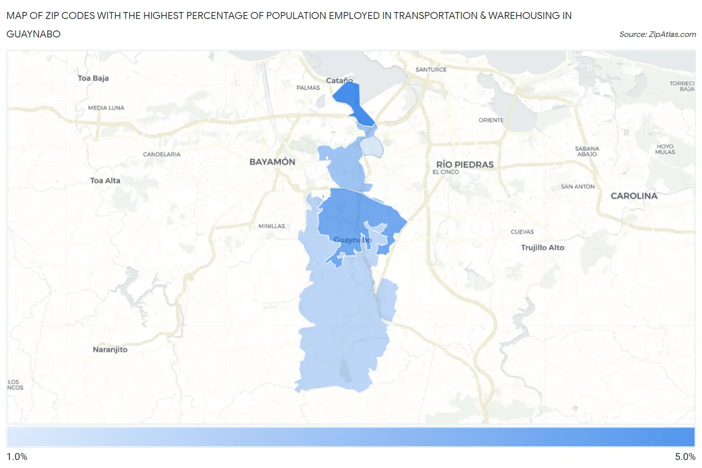 Zip Codes with the Highest Percentage of Population Employed in Transportation & Warehousing in Guaynabo Map
