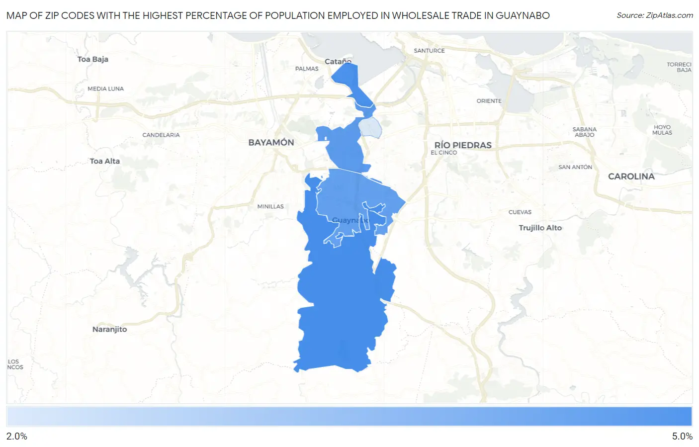Zip Codes with the Highest Percentage of Population Employed in Wholesale Trade in Guaynabo Map
