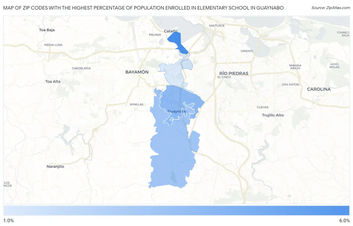 Zip Codes with the Highest Percentage of Population Enrolled in Elementary School in Guaynabo Map