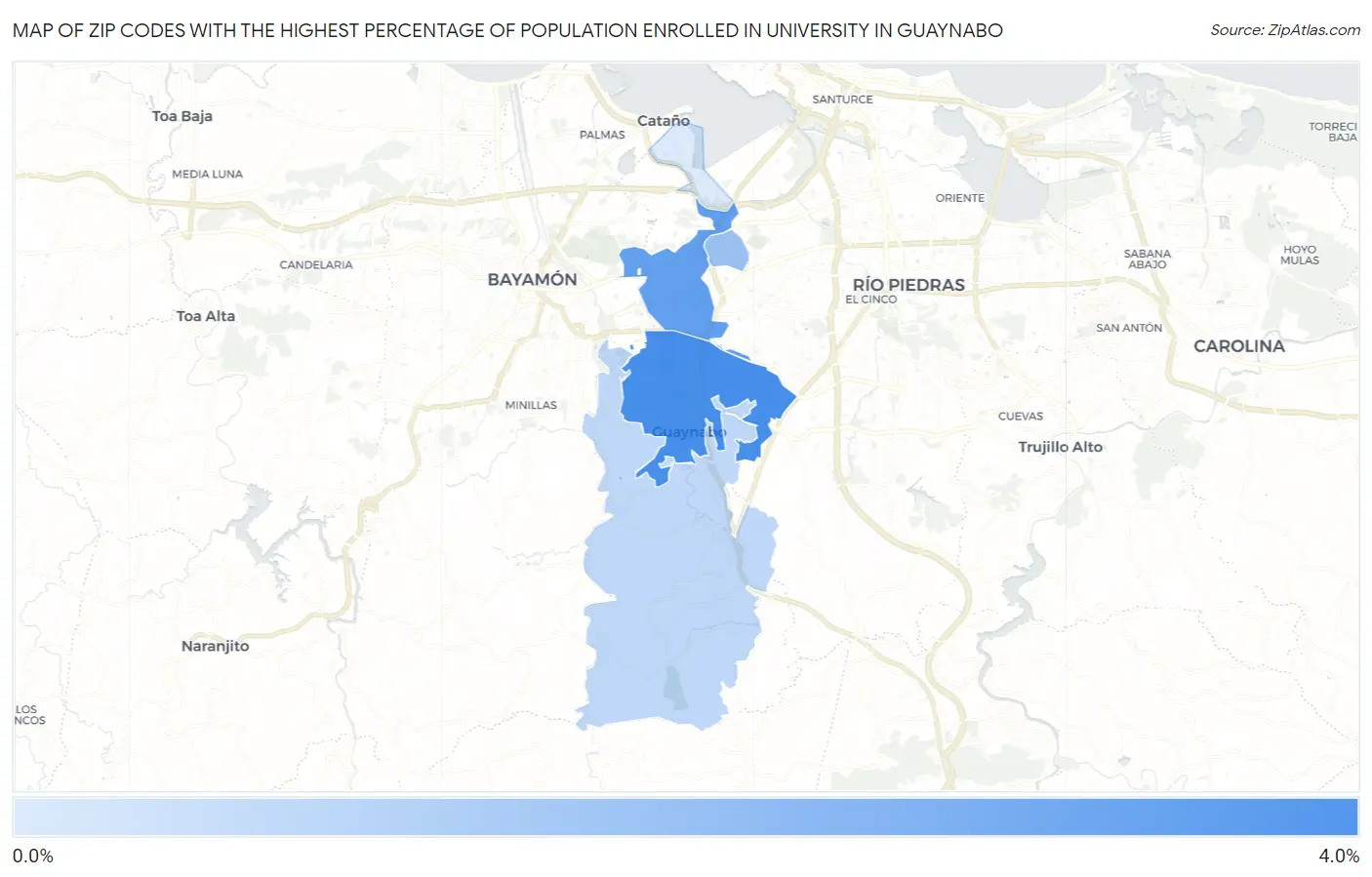 Zip Codes with the Highest Percentage of Population Enrolled in University in Guaynabo Map