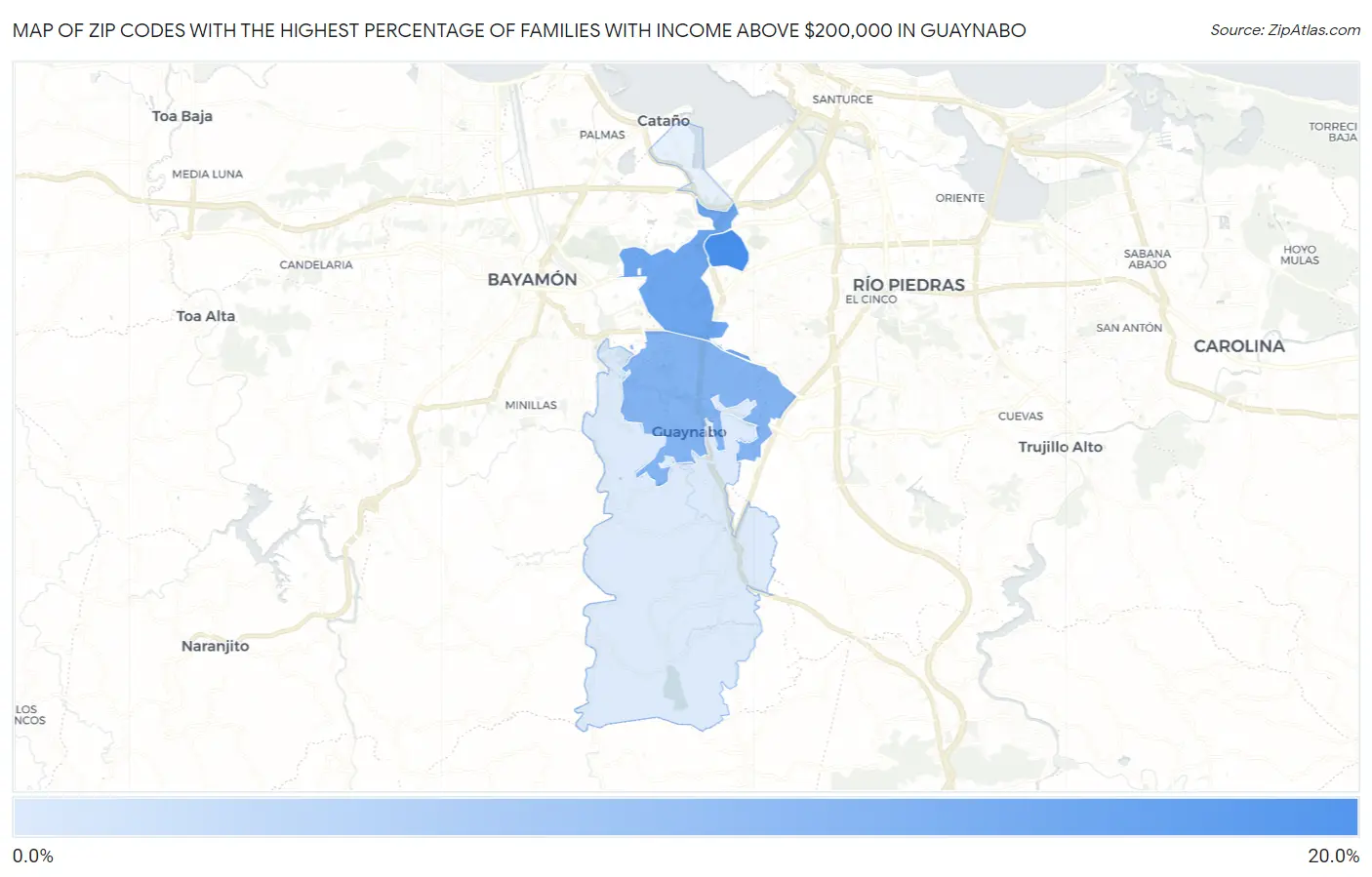 Zip Codes with the Highest Percentage of Families with Income Above $200,000 in Guaynabo Map