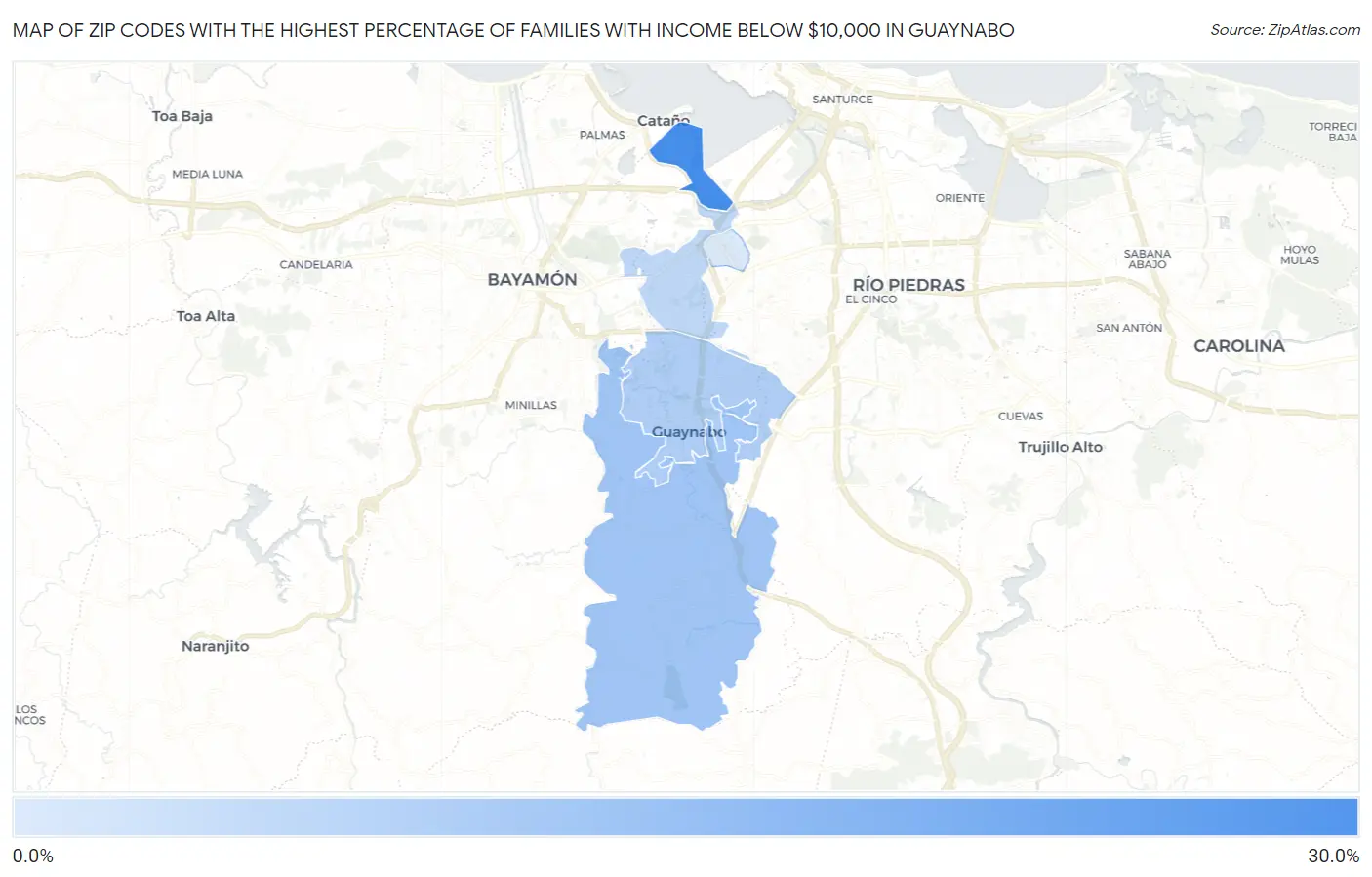Zip Codes with the Highest Percentage of Families with Income Below $10,000 in Guaynabo Map
