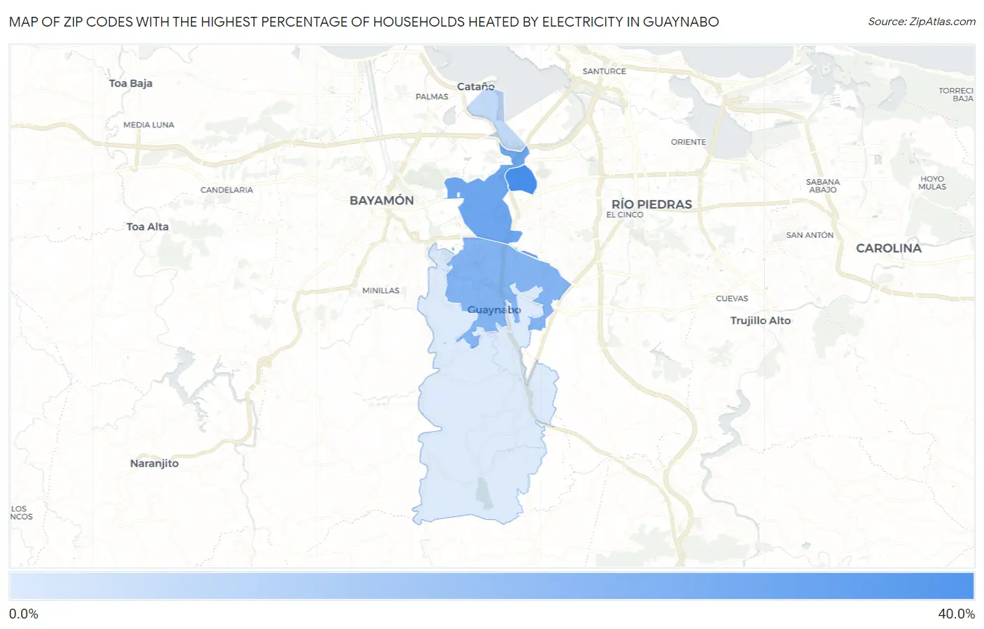 Zip Codes with the Highest Percentage of Households Heated by Electricity in Guaynabo Map