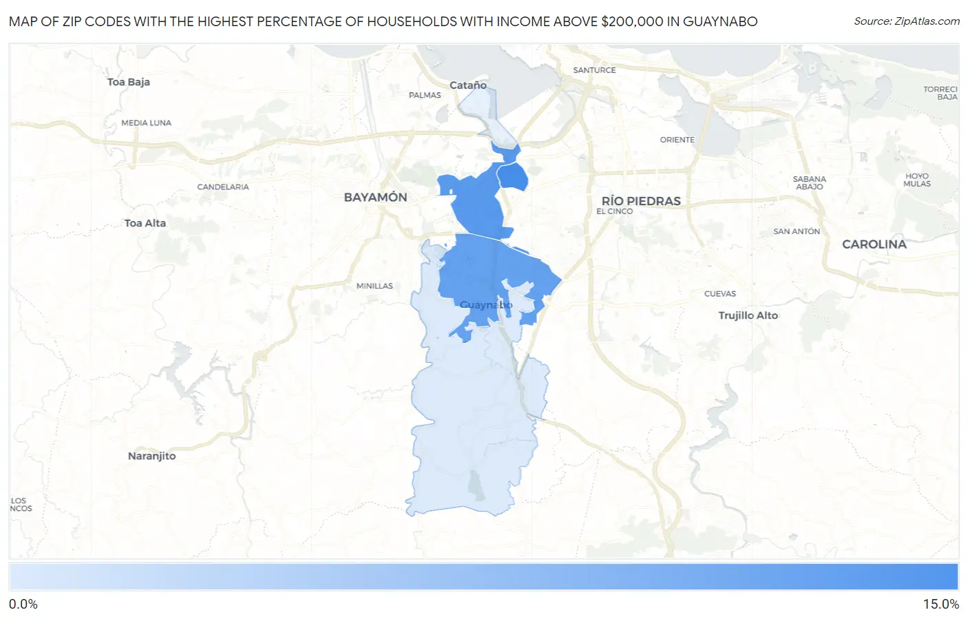 Zip Codes with the Highest Percentage of Households with Income Above $200,000 in Guaynabo Map