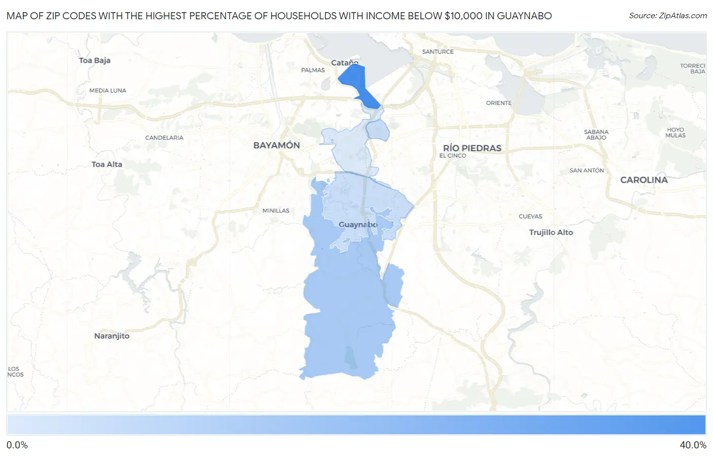 Zip Codes with the Highest Percentage of Households with Income Below $10,000 in Guaynabo Map