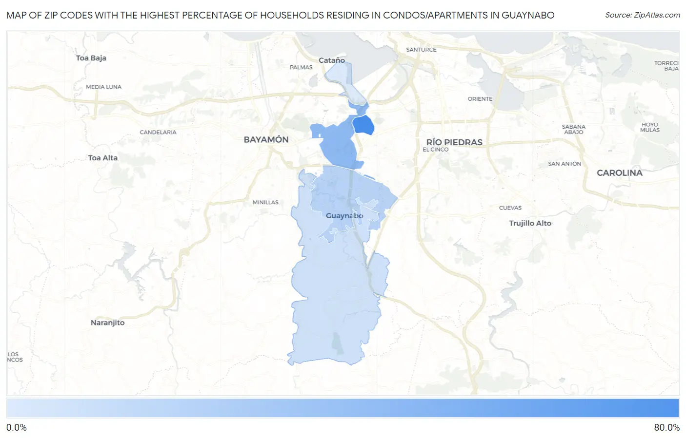 Zip Codes with the Highest Percentage of Households Residing in Condos/Apartments in Guaynabo Map