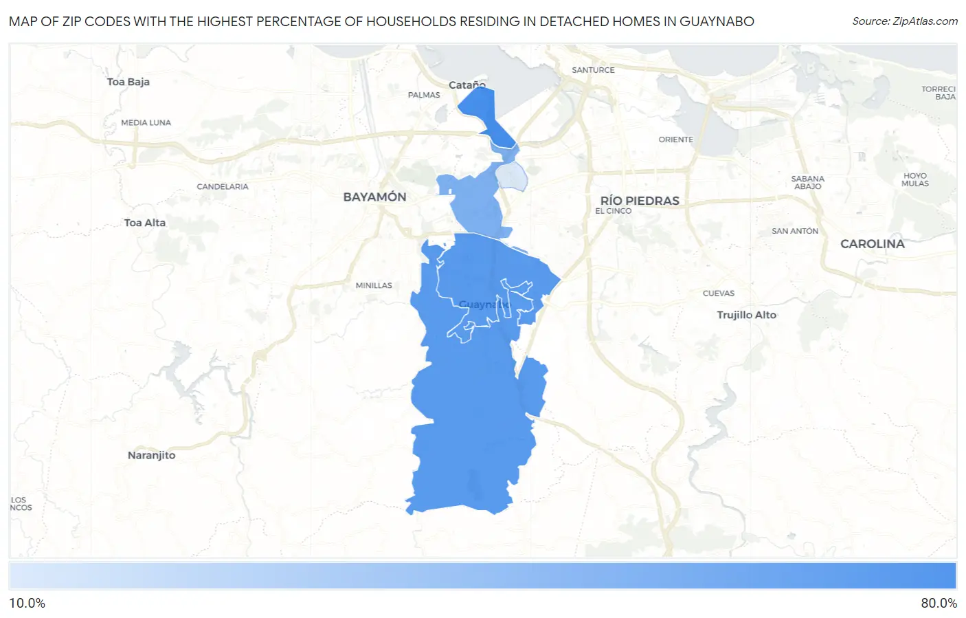 Zip Codes with the Highest Percentage of Households Residing in Detached Homes in Guaynabo Map