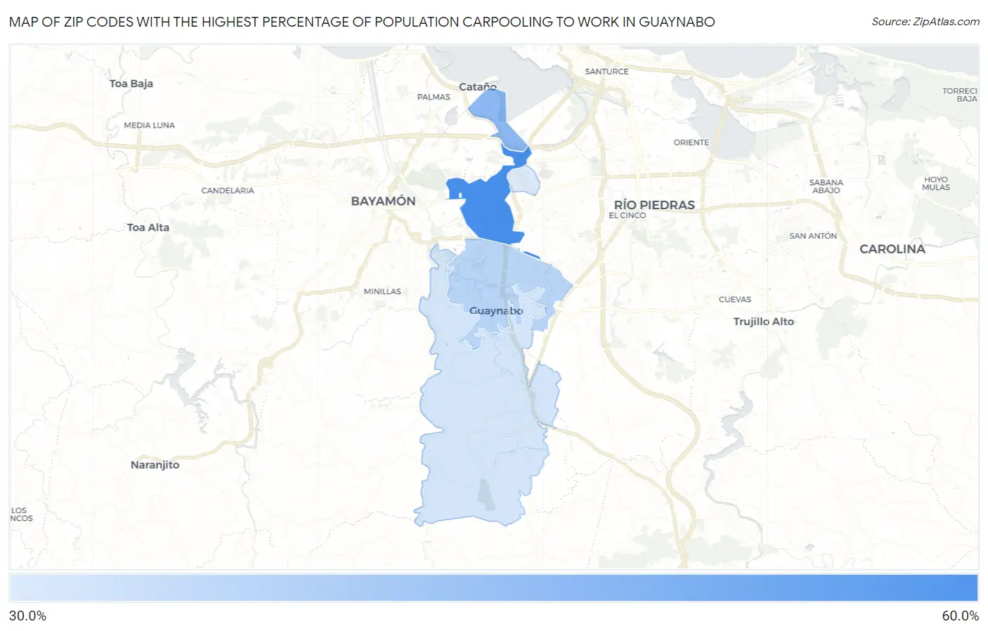 Zip Codes with the Highest Percentage of Population Carpooling to Work in Guaynabo Map